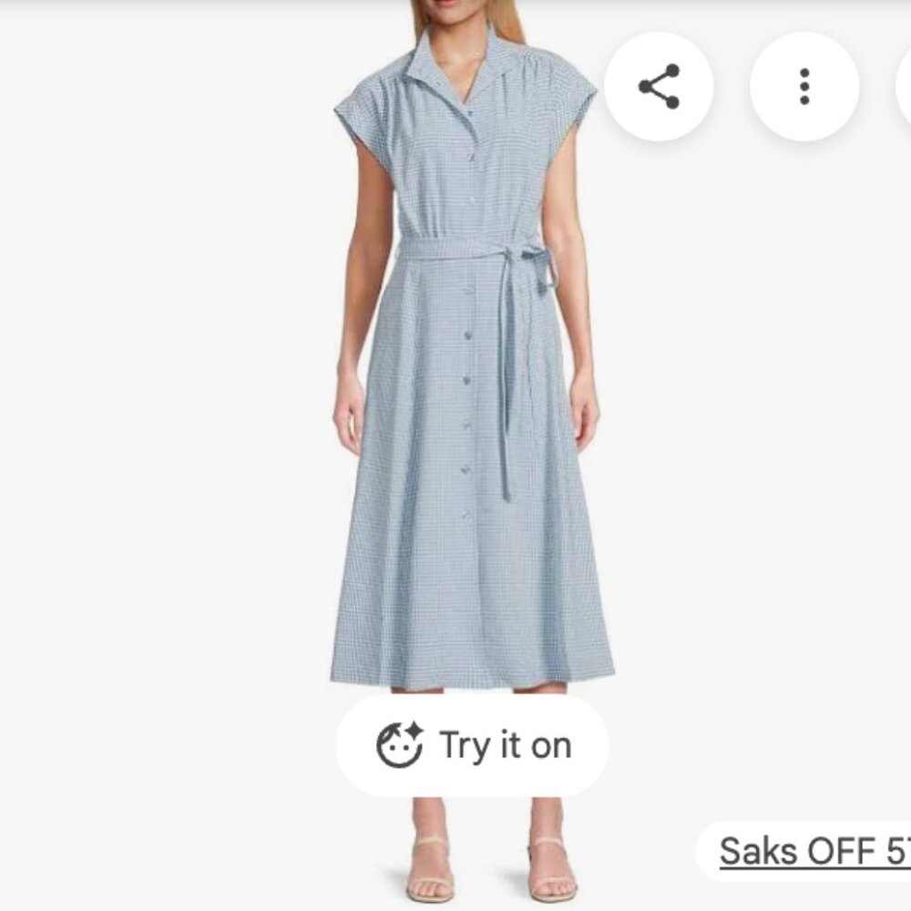 Calvin Klein Blue & White Checked Belted Midi Shirtdress in "Bayou/White"